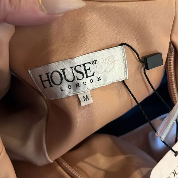 House of CB London Blush Pink Vegan Leather Collared Faux Wrap Bodysuit, size M! - Picture 10 of 12